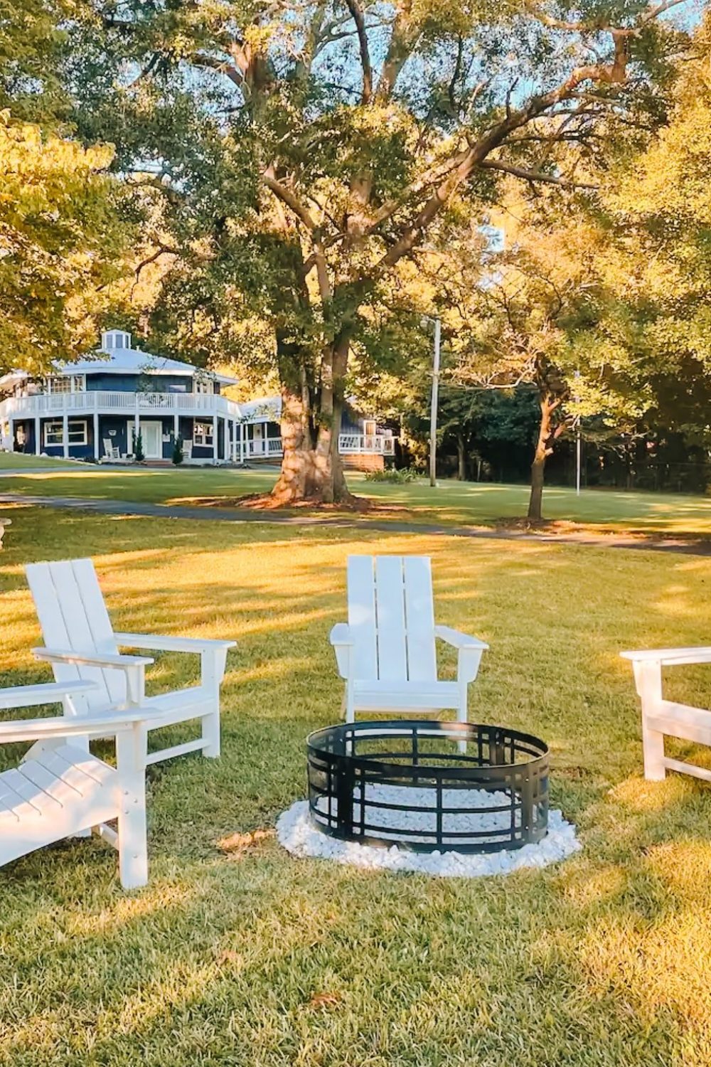 An outdoor firepit with chairs at a rental house in Lake Sinclair.